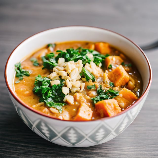 Spicy Peanut Soup with Sweet Potato + Kale