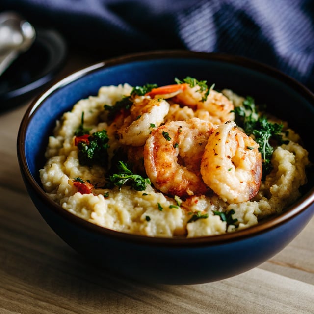 Spicy Shrimp with Cauliflower Mash and Garlic Kale