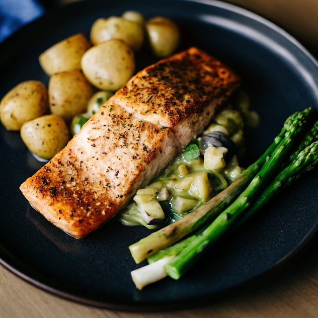 Spring Salmon with Creamed Leeks, Potatoes, and Asparagus