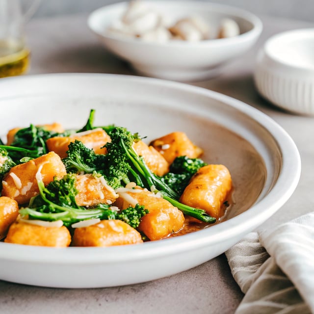Sweet Potato Gnocchi with Broccoli Rabe and Garlic Sage Butter Sauce