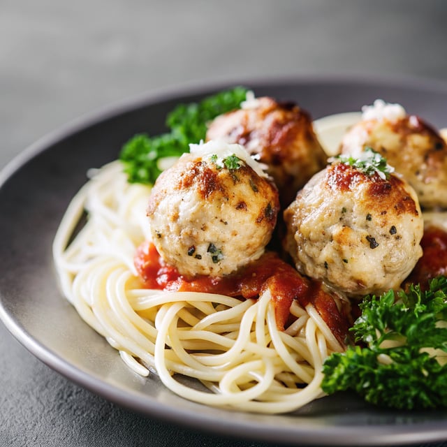 BAKED Chicken Meatballs with Spaghetti