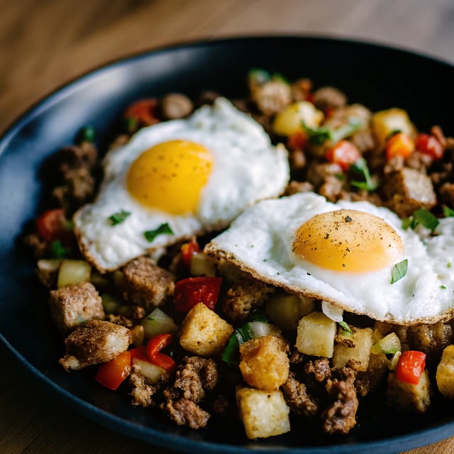 Chorizo Breakfast Hash with Crispy Smashed Potatoes and Eggs