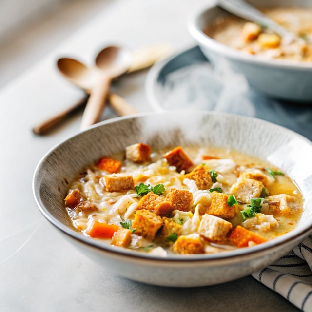Creamy chicken noodle soup with mini croutons
