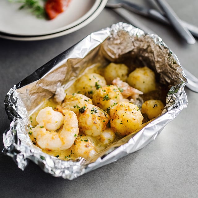 Creamy Garlic Prawns / Shrimp and Cheesy Potatoes Foil Packet Recipe