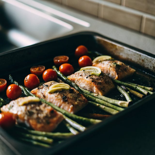 Lemon garlic salmon tray bake - easy & healthy!