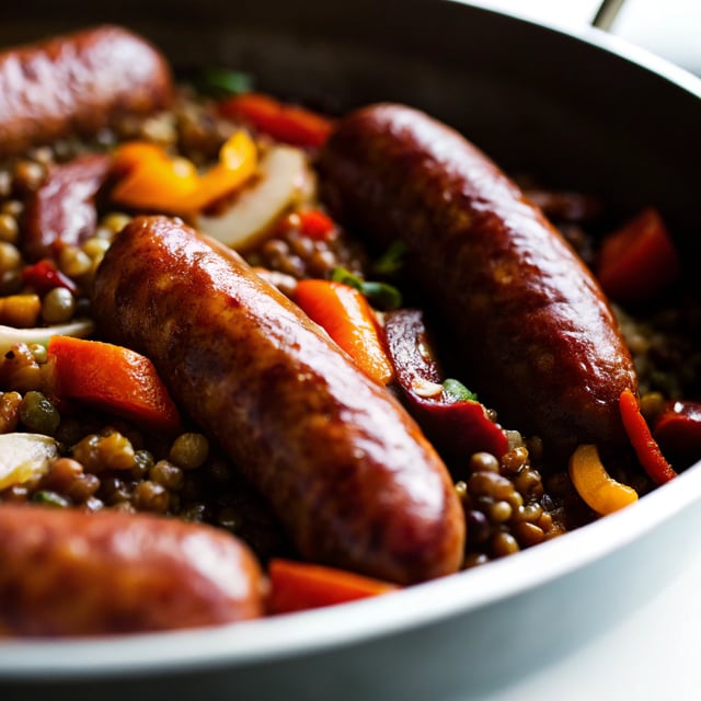 One-pan baked sausage & lentils