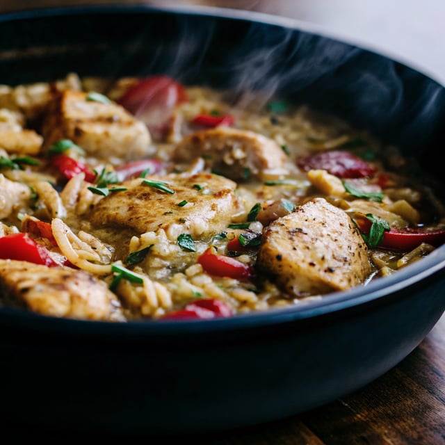 One pot chicken risoni with crispy salami (orzo)