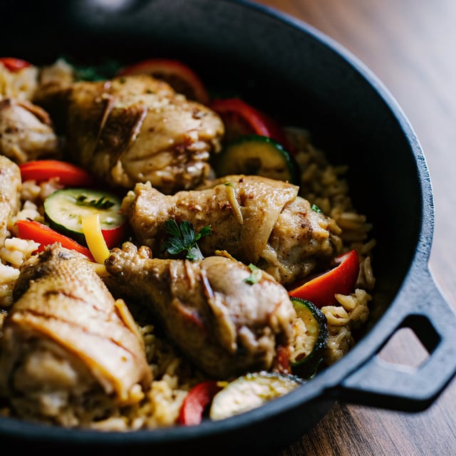 One Skillet Oven Baked Chicken Shawarma and Rice Pilaf