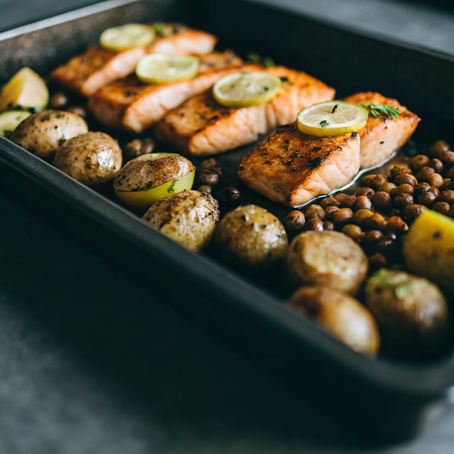 One Tray Oven Baked Honey Chili Lime Salmon with Potatoes and Beans