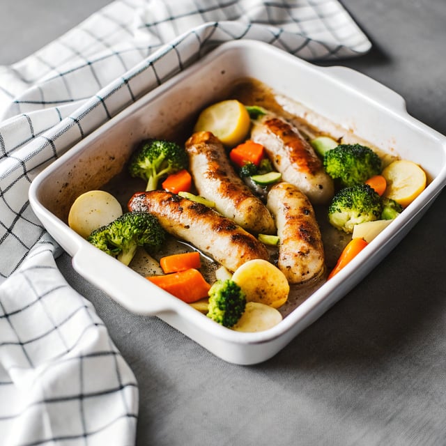 Oven Baked Sausages with Potatoes, Vegetable AND Gravy!