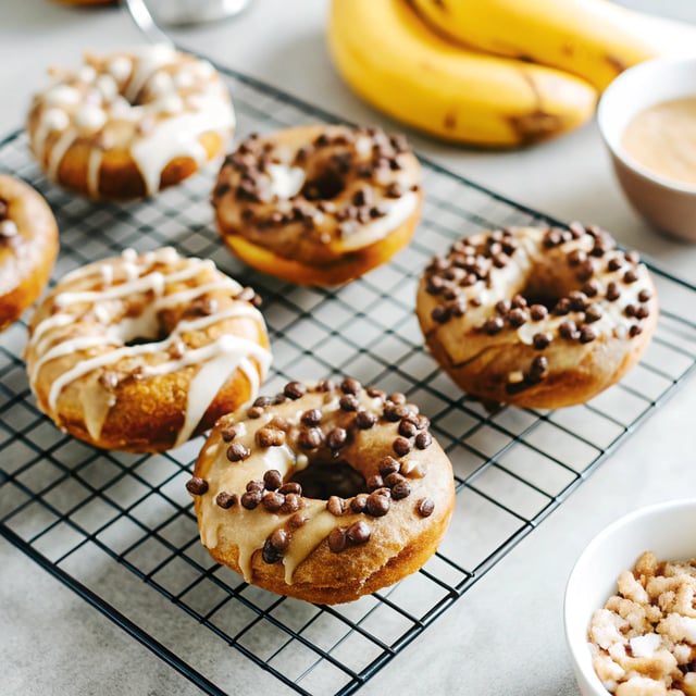 [baked] Banana Doughnuts [with coffee-cacao nib or peanut butter glaze]