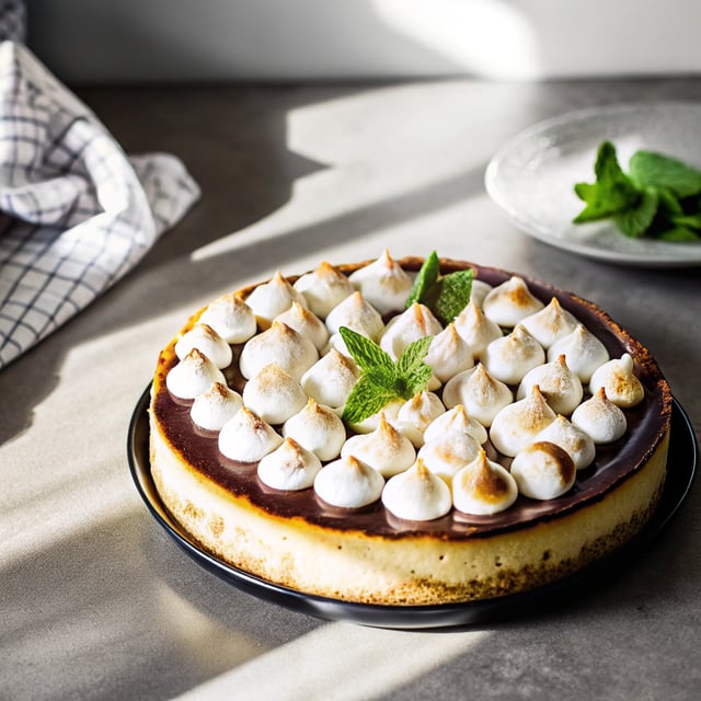Crème Fraîche Cheesecake with Chocolate Ganache and Mint Meringue