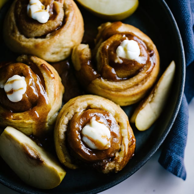 Salted Caramel Sticky Buns with Pear and Crème Fraîche