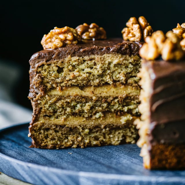Walnut Cake with Chocolate Buttercream and Candied Walnuts