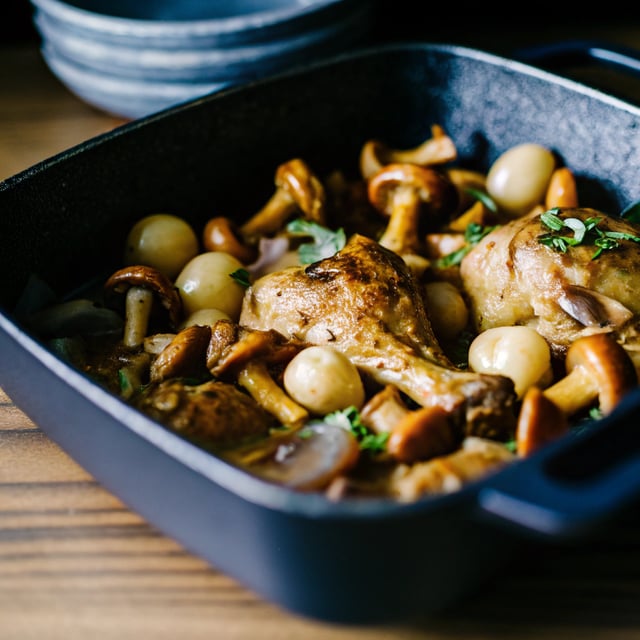 Chicken with Chanterelles and Pearl Onions