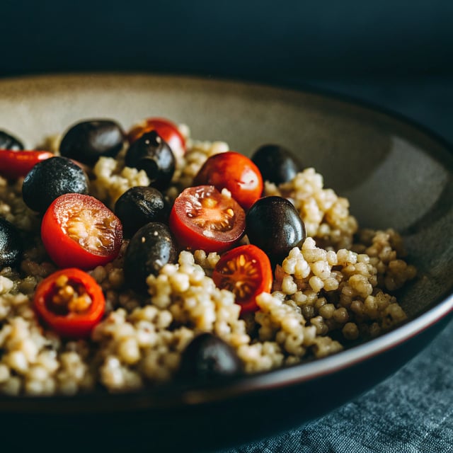 Pearl Couscous with Olives and Roasted Tomatoes