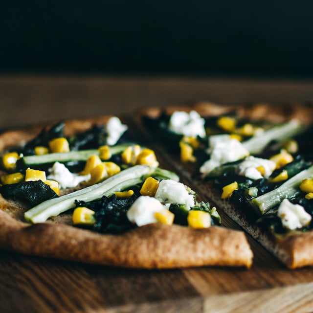 Leek, Chard and Corn Flatbread with Goat Cheese