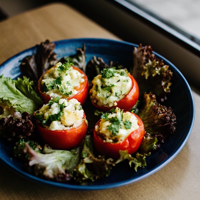 Romaine Pesto and Egg-Stuffed Tomatoes