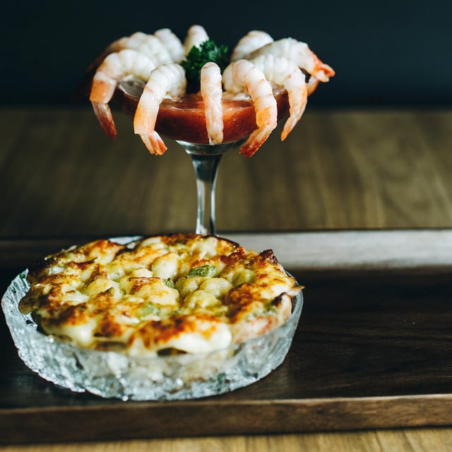 Shrimp Cocktail + Artichoke-Potato Gratin