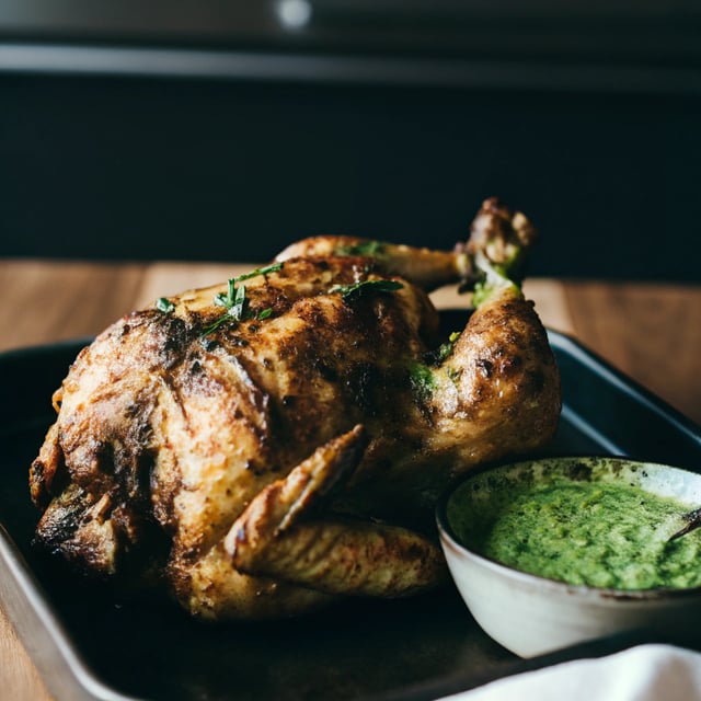 Peruvian-Inspired Whole Roasted Chicken with Tangy “Green Sauce”