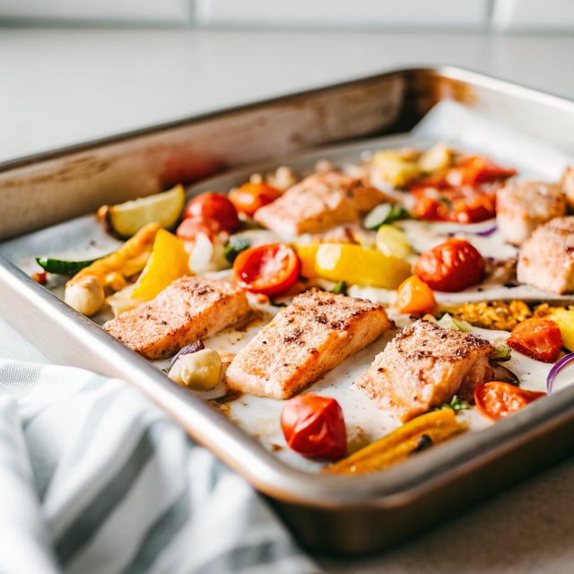 Sheet Pan Harissa Salmon + Roasted Veggies with Cashew Crema