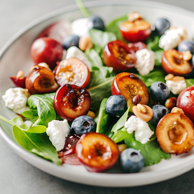 Balsamic Grilled Cherry, Blueberry, Goat Cheese, and Candied Hazelnut Salad