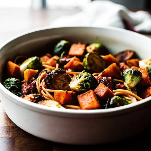 Brown Butter Pasta with Sweet Potatoes and Brussels Sprouts