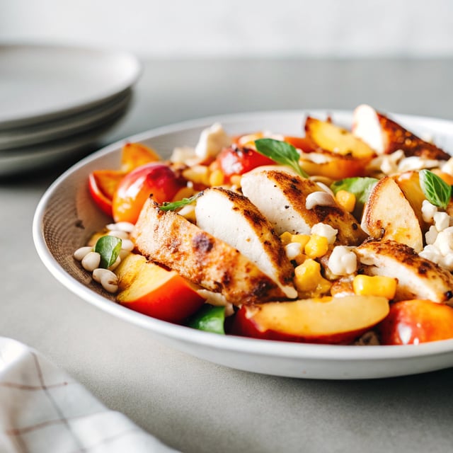 Chicken, Bacon, Peach Pasta Salad with Hot Honey Dressing