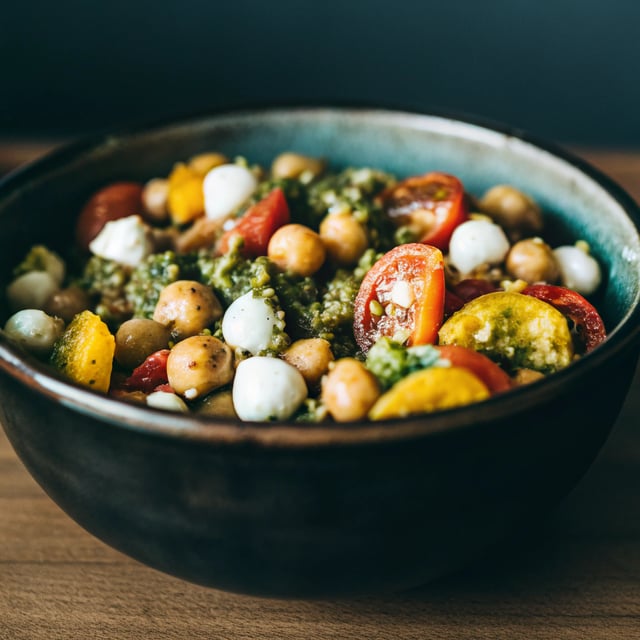 Chickpea, Pesto, Tomato, and Mozzarella Salad