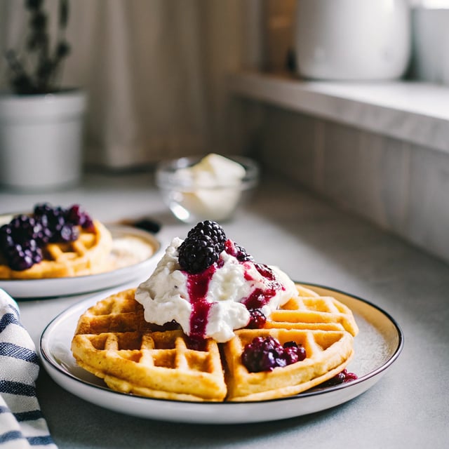 Cornmeal Waffles with Blackberry Compote