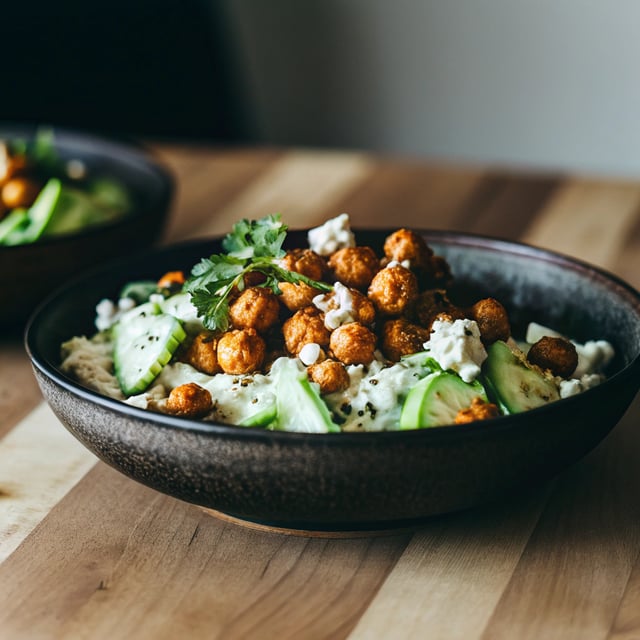 Cucumber, Avocado, & Crispy Chickpea Salad with Creamy Yogurt Feta Spread