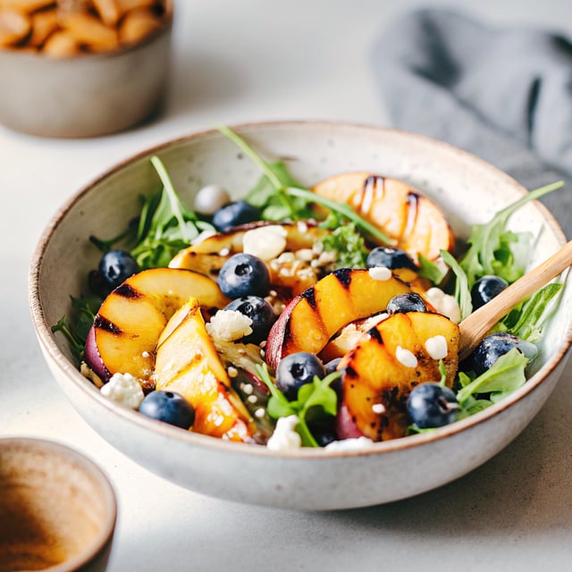 Grilled Peach, Blueberry, and Goat Cheese Arugula Salad