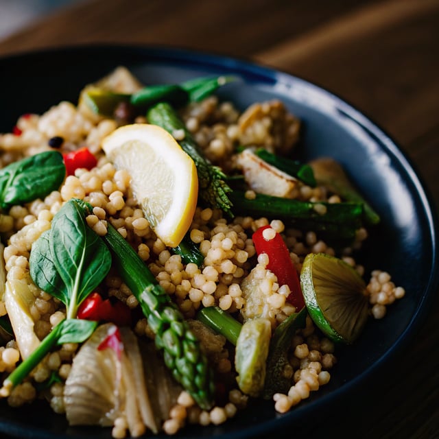 Israeli Couscous Salad with Roasted Asparagus, Artichokes, & Spinach