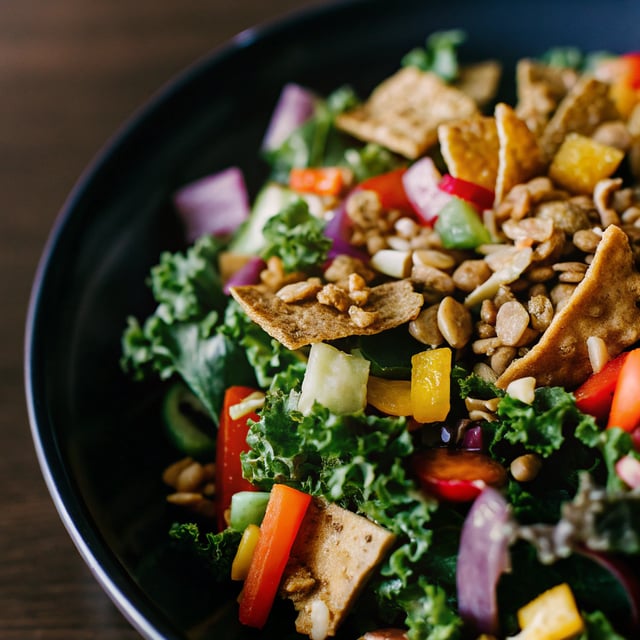 Kale Salad with Roasted Vegetables & Crispy Lentils