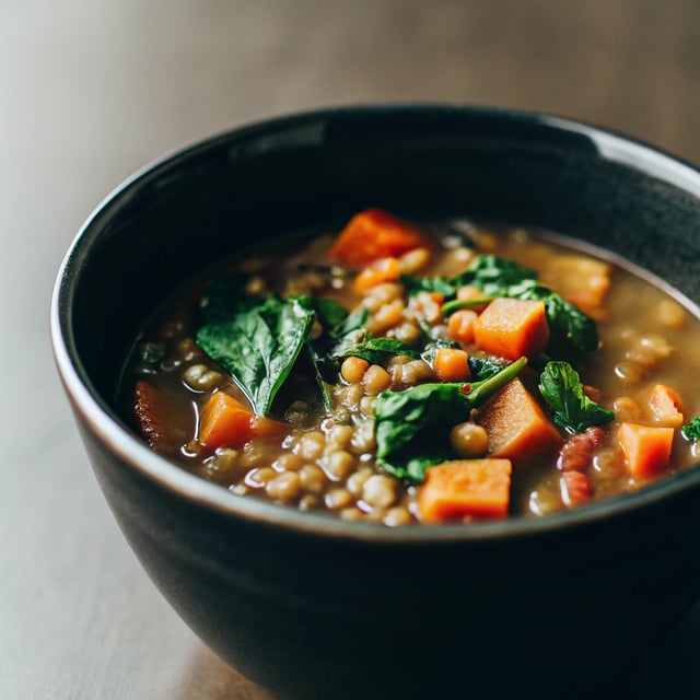 Lentil Soup with Sweet Potatoes & Spinach