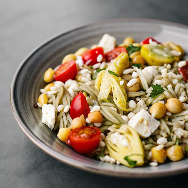Orzo Salad with Artichokes, Tomatoes, Chickpeas, Feta & Lemon Basil Dressing