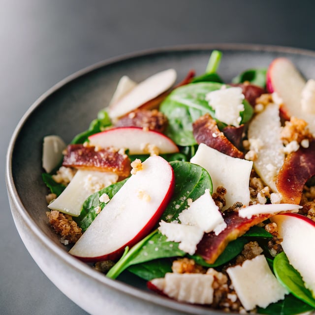 Quinoa Spinach Salad with Apples, Bacon & White Cheddar