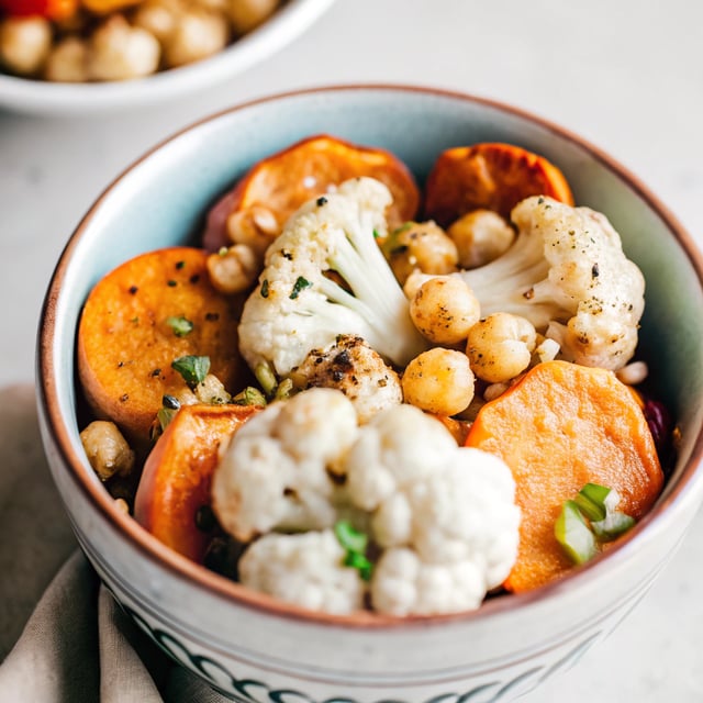 Roasted Cauliflower, Sweet Potato, Chickpea Bowl