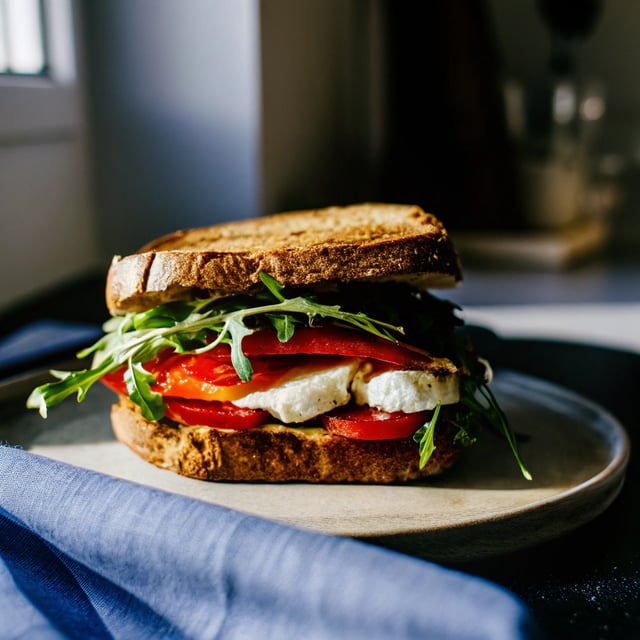 Roasted Red Pepper, Arugula, and Mozzarella Sandwich