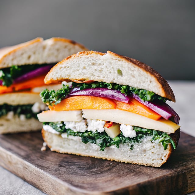 Roasted Sweet Potato Sandwich with Apples, Pesto, Kale, and Blue Cheese