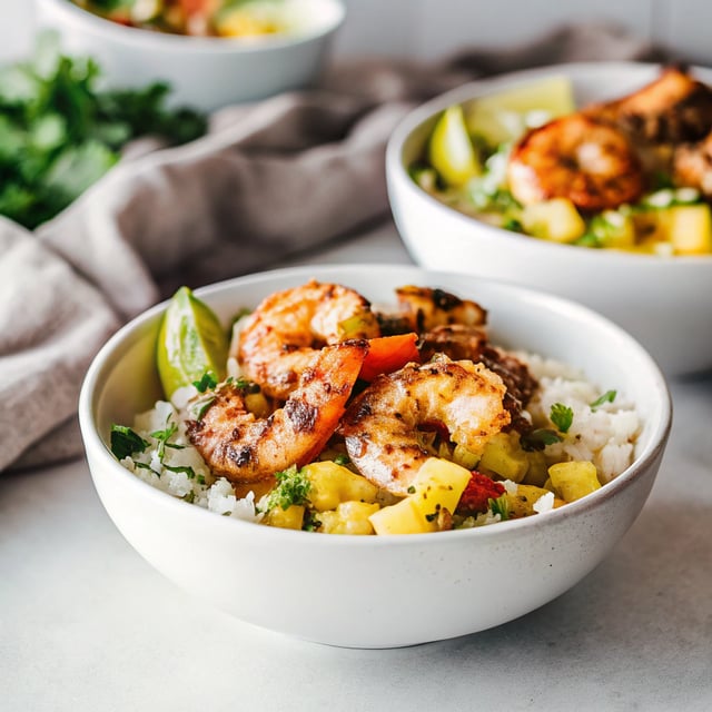 Shrimp Bowls with Coconut Cilantro Lime Rice & Pineapple Salsa