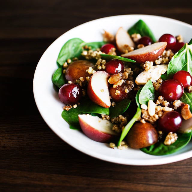 Spinach Quinoa Salad with Roasted Grapes, Pears, & Almonds