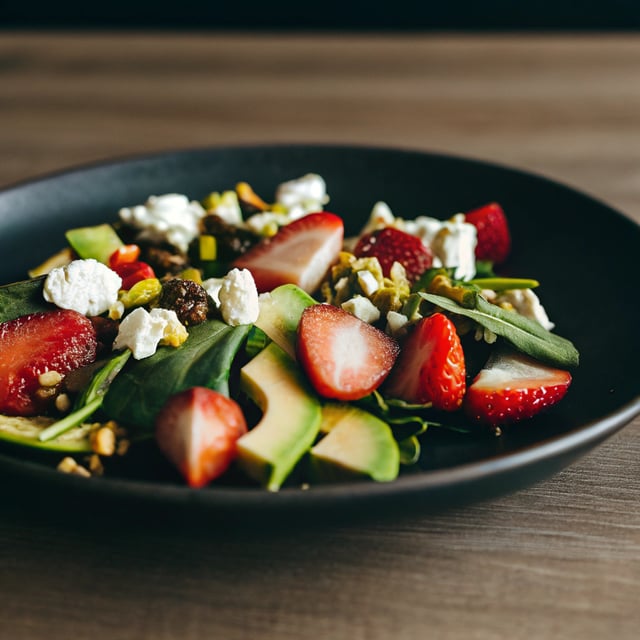 Strawberry Spinach Salad with Avocado, Goat Cheese, and Candied Pistachios