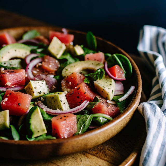 Watermelon Avocado Spinach Salad with Poppy Seed Dressing