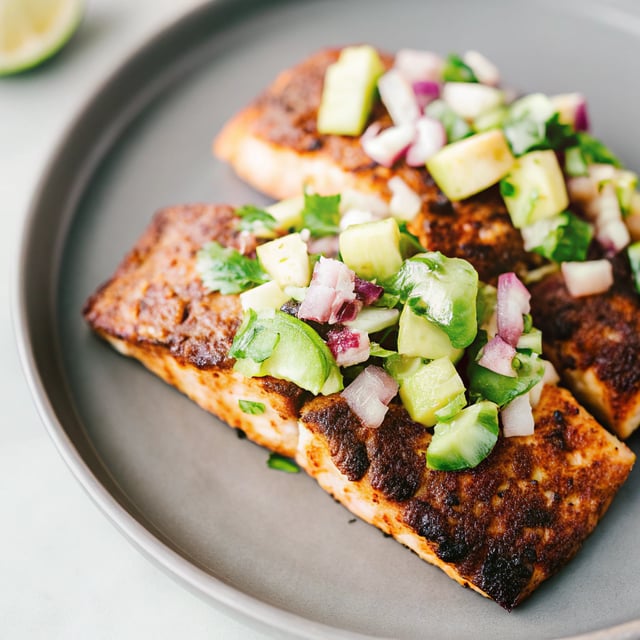 Blackened Salmon with Avocado Cucumber Salsa