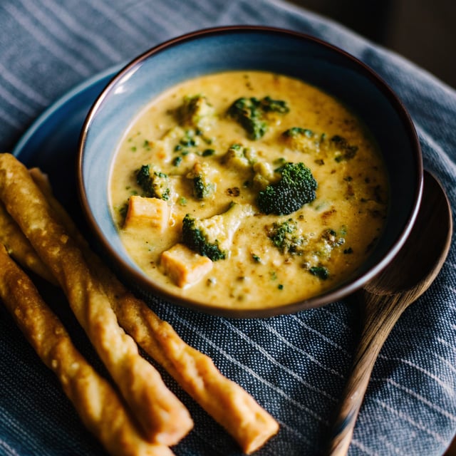 Broccoli Cheddar Soup with Puff Pastry Cheese Straws