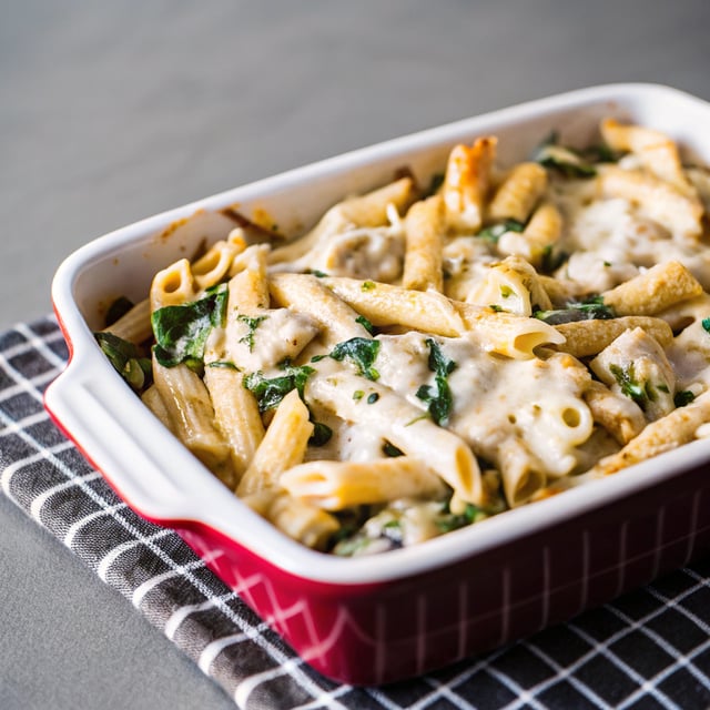 Creamy Cheesy Chicken Spinach Pasta Bake