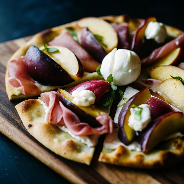 Crispy Prosciutto, Plum and Burrata Flatbread