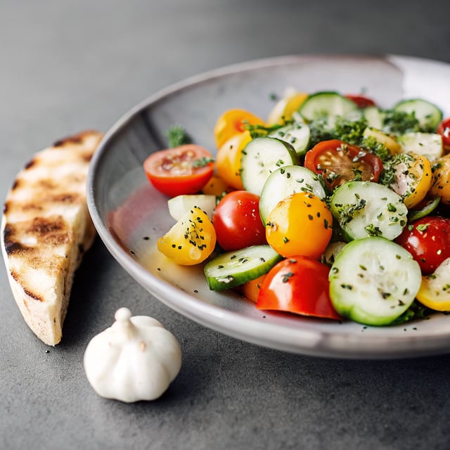 Cucumber Tomato Salad with Garlic and Herb Grilled Naan