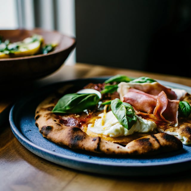 Grilled Burrata Pizza with Crispy Prosciutto and Fried Basil